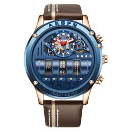 AKDPBN Unique Personality Quartz Watches Domic Big Dial Real Leather Stap Mens Watch Creative Roller Design Luminous Calendar Male256o