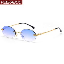 Sunglasses Peekaboo Retro Oval Sunglasses Borderless Men's Blue Mirror Gold Metal Men's Glasses Round Frameless Women's High Quality Gift Project Z230726