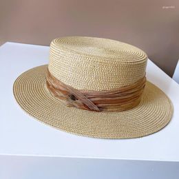 Wide Brim Hats RH Flat Top Cap Women Summer Sunscreen Fabric Ribbon Straw Hat Sun Emblem Edge Boater Ladies