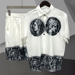 Mens Tracksuits Lapel Artistic Portrait Print Shirt Suit Streetwear Vintage Pattern Short-sleeved Set Short Top For Men Casual Homme