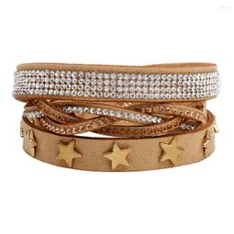 Charm Bracelets Amorcome Bohemian Two Stars For Women Vintage Rhinestone Braided Leather Wrap Bracelet Female Party Jewelry