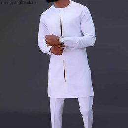 Men's Tracksuits 2023 New Men's Elegant Suit Top Pants Set 2-Piece Set Solid Color Round Neck Embroidery Long Sleeve Party African Ethnic Style T230714