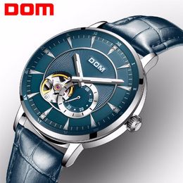 DOM New Blue Men's Skeleton WristWatch Leather Antique Steampunk Casual Automatic Skeleton Mechanical Watches Male Clock M-81242f