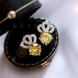 Stud Earrings Fashion 925 Sterling Silver Crown Pink Topaz Gemstone For Women Wedding Cocktail Jewellery Female Korea