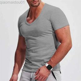 Men's T-Shirts Leisure Sports Fitness Training Elastic Slim T Shirt Men Casual Pure Color Short Sleeve O Neck Gym T-shirt Summer Man Basic Tops L230713