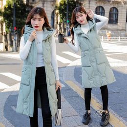 Women's Vests 2023Winter Women Cotton Down Vest Sleeveless Jacket Warm Hooded Casual Long Female Outerwear Padded Waistcoat Chaleco Mujer