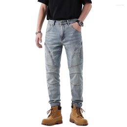 Men's Jeans Men Pockets Patches Denim Biker For Motorcycle Streetwear Slim Tapered Stretch Pants Patchwork Blue Cargo Trousers