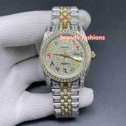 Latest Men's Iced Diamond Wristwatch Gold Face Colour Arabic Scale Bi-Gold Diamonds Strap Watch Full Automatic Mechanical Watc280v