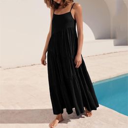 Casual Dresses Summer Dress Women 2023 Solid Bohemian Pleated Irregular Beach Halter Long Sleeveless Lace Up Suspender