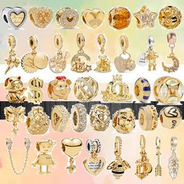 925 Silver Fit Pandora Charm Golden Star Moon Crown Safety Chain Pendant Bead Dangle Fashion Charms Set Pendant DIY Fine Beads Jewelry