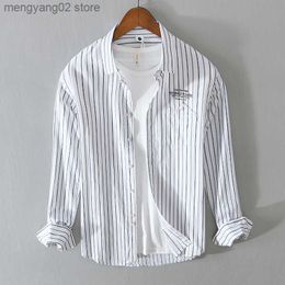 Men's Casual Shirts Men's Long Sleeve Striped Shirts Casual Standard-fit Button-down Shirt Tops Male Letter Embroidery Oversized Shirt T230714