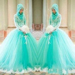 Charming Mint Green Colorful Muslim Cheap Wedding Dresses 2019 High Neck White Applique Lace White Sweep train Long Sleeves Bridal270D