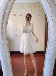 New S-elf - Portrait Hollow Out Perspective Water Soluble Lace White Long Sleeve Dress