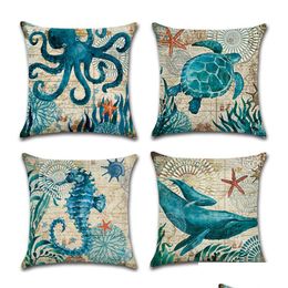 Pillow Case Customizable Single-Sided Printing Marine Sea Turtle Seahorse Whale Octopus Home Cushion Ers 45X45Cm Linen Sofa Dh0569 D Dh60B