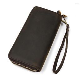 Wallets Brand Wallet Vintage Crazy Horse Leather Men Long Purse Card Double Zip Clutch Bag For Wrist