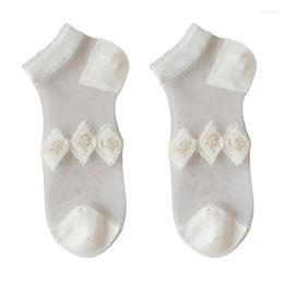 Women Socks Girls Lolita Cotton White Short Ankle Japanese Style Sweet Glass Fibre Mesh Splicing Floral Jacquard Ruffled Trim Pr