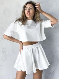 Women's Sleepwear Linad Knitted Pyjamas For Women 2 Piece Sets White O Neck Short Sleeve Crop Top Casual Female Suits With Shorts Summer