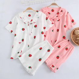 Women's Sleepwear Summer Cute Strawberry Print Ladies Cotton 2PCS Pajama Sets Sweet Ruffles Nightwear Short Sleeve Loose Home Wear