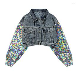 Women's Jackets Chic Bomber Sequins Denim Jacket Cowboy Coat Lapel Lantern Sleeved Mixed Colour Sequined Dance Stage Cardigan High Waist Tops