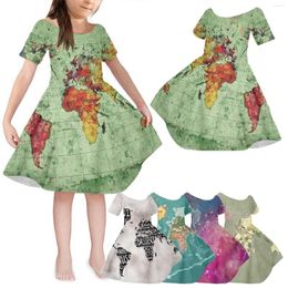 Girl Dresses Toddler Short Sleeved Crewneck Map Print Dress For 1 To 6 Years