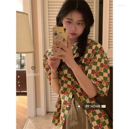 Women's Blouses XEJ Korean Style Checkerboard Checked Shirt Vintage Things Chiffon Blouse Clothing And Offers