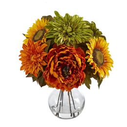 Dried Flowers Artificial flower arrangements of peonies dahlias and sunflowers in glass vases with multiple colors 230714