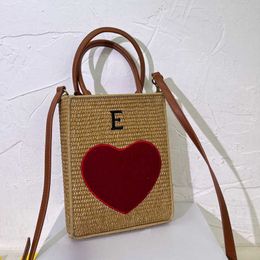 LE Red Heart Beach Bags Straw Luxury Bags Women Casual Shoulder Bags Woven Female Tote Bag Ladies Messenger Shoulder Shopping Large Purse Handbag Wallet