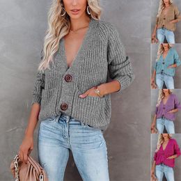 European and American Women's Sweaters2023 Autumn/Winter New Solid V-Neck Cardigan Single breasted Long Sleeve Sweater Coat