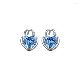 Stud Earrings Women's 925 Pure Silver Ear Heart Shaped Lock Set With Blue Zircon Fashion Jewelry Couple Sweet Romantic Gift