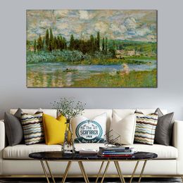 Handmade Canvas Art Claude Monet Painting The Seine River Village Landscape Artwork Bathroom Decor