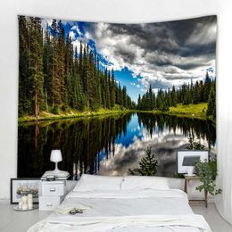 Tapestries Customizable Natural Scenery Tapestry Wall Hanging Home Decoration Forest Plant Landscape Colourful Clouds River Tapestry