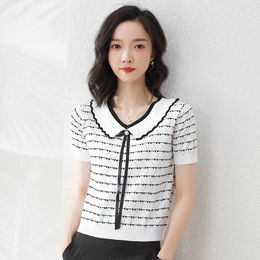 Women's Sweaters Knitted Pullovers Women 2023 Summer Jumper Short Sleeve Casual Thin Striped Pull Femme Woman Knit Tops