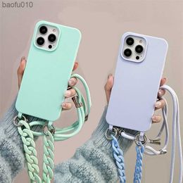 Candy Colour Crossbody Lanyard Phone Case For iPhone 14 13 12 11 Pro Max 14 Plus 14Pro 11 Necklace Strap Soft Silicone Back Cover L230619