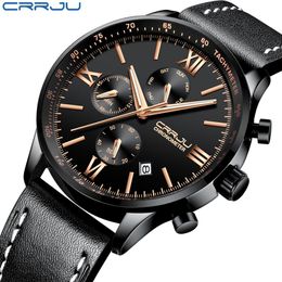 CRRJU Men's Chronograph Leather Wristwatches Military Sports waterproof Clock Male Business Casual Fashion Dress Quartz Watch346A