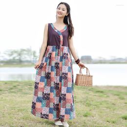 Ethnic Clothing Oriental Trend Sleeveless Vest Skirt 2023 Summer Cotton Print Contrast Panel V Neck Bohemian Beach Swing Long Dress