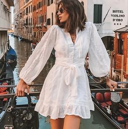 Urban Sexy Dresses Summer For Women 2023 White Spring Dress V Neck Long Sleeve Sweet Lace Up Short Ruffled Edge Casual Ladies 230714