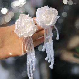 Backs Earrings Satin Camellia Bridal Ear Clip Tassel Beaded Wedding Accessories.