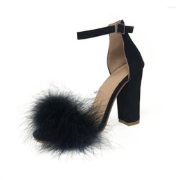 Dress Shoes Ankle Lace Up High Heel Fluffy Hair Women's Sandals 2023 Thick Party Wedding Summer Fashion