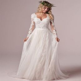 Bohemian Long Sleeve Wedding Dresses V Neck Tulle Lace Boho Bridal Dresses Beach Summer Plus Wedding Gowns Low Back Vestido De Nov221q