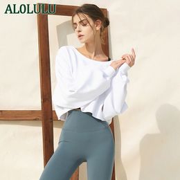 AL0LULU Yoga fitness top estilo curto costura solta moletom esportivo manga longa T-shirt