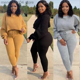 Women's Two Piece Pants Solid Knitted Sweater Tracksuit for Women Two Piece Set Winter Clothes Long Sleeve Crop Top and Pants Sweat Suits Casual Sporty T230714