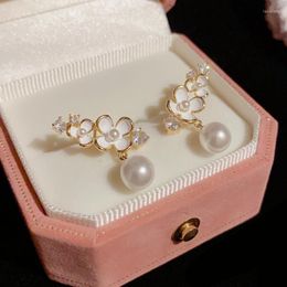Dangle Earrings Fashion Flower Pearl For Women High Quality Copper 14K Gold Plated Zircon Drop Earring Original Wedding Jewellery