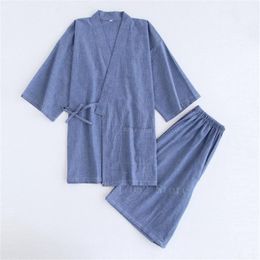 Japanese Kimono Cotton Pajamas Men Samurai Costume Bathrobe Haori Yukata Jinbei Set Sleepwear Short Sleeve Woman Japan Clothes310r