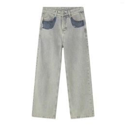 Men's Jeans Trendy Wear Casual Loose Straight Four Seasons Contrast Color Pocket Personalized Male Wide Leg Denim Pants
