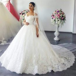 Country African Ball GownWedding Dresses Sheer Back Princess Illusion Applique Luxury Lace Princess Off the Shoulder Bridal Gowns 312P