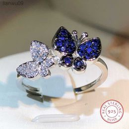 925 Silver High Quality Blue And White Zircon Adjusted Ring For Women Fashion Jewellery Party Wedding Engagement Gift L230704