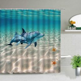 Shower Curtains Funny Dolphin Shower Curtains Cute Ocean Animal Blue Seawater Sea Wave Scenery Bathroom Decor Cloth Hanging Curtain With