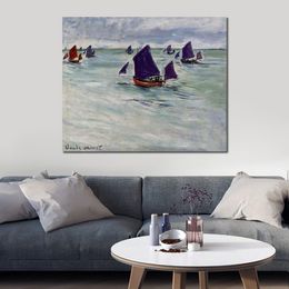 Handmade Canvas Art Claude Monet Painting Fishing Boats Off Pourville Village Landscape Artwork Bathroom Decor