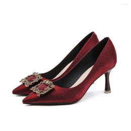 Dress Shoes Woman Pumps Wedding Party Square Button Pointed Toe Silk 7.5CM Thin Heels Classics Sandals Women Black