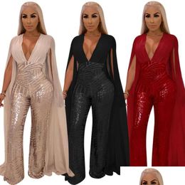 Women'S Jumpsuits Rompers Womens Women Sequined Cloak Long Sleeve Open Back Deep V-Neck Bodycon Night Party Halloween Day Y Club R Dhwhg